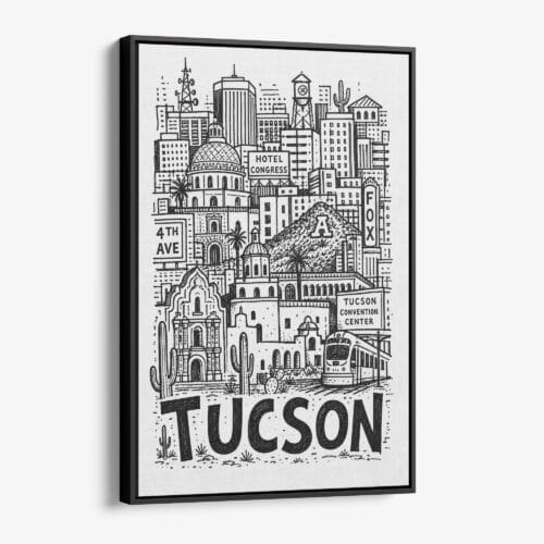 01 - Black Framed Tucson City Art - Pencil Style Canvas Print - Vertical - Main - Side view.jpg