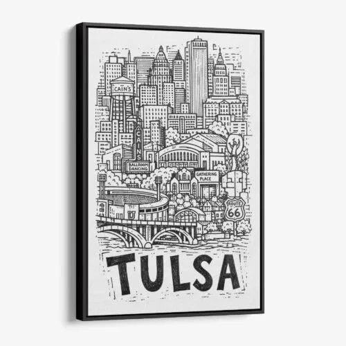 01 - Black Framed Tulsa City Art - Pencil Style Canvas Print - Vertical - Main - Side view.jpg