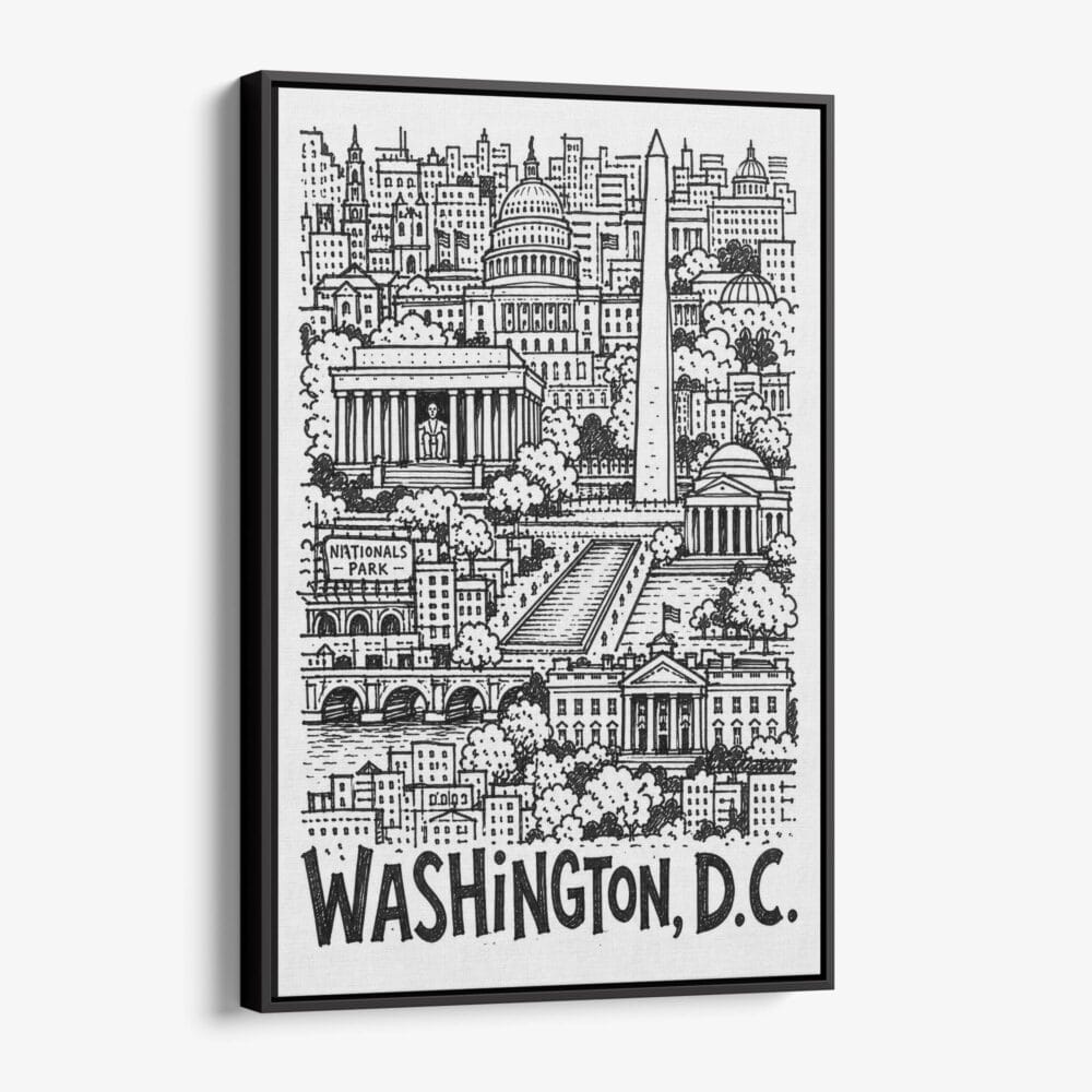 01 - Black Framed Washington DC City Art - Pencil Style Canvas Print - Vertical - Main - Side view.jpg