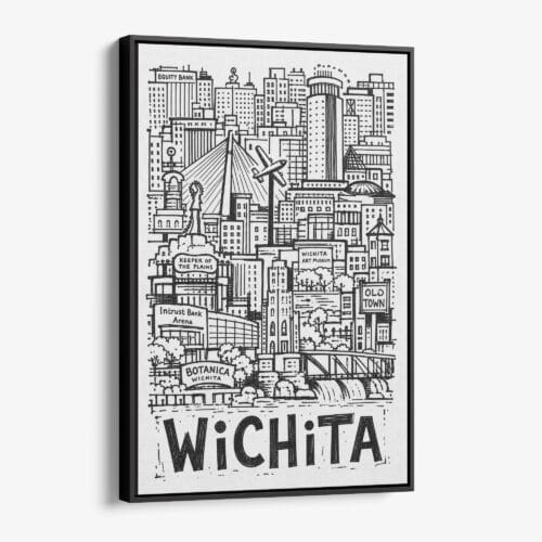 01 - Black Framed Wichita City Art - Pencil Style Canvas Print - Vertical - Main - Side view.jpg