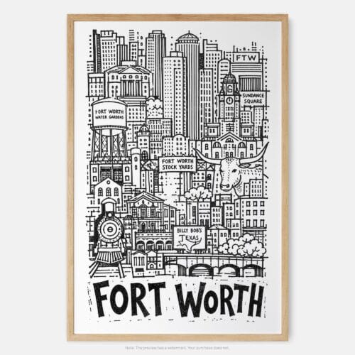01 - Fort Worth City Art - Pencil Style Art Print - Main - Vertical.jpg