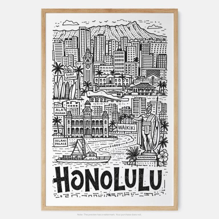 01 - Honolulu City Art - Pencil Style Art Print - Main - Vertical.jpg