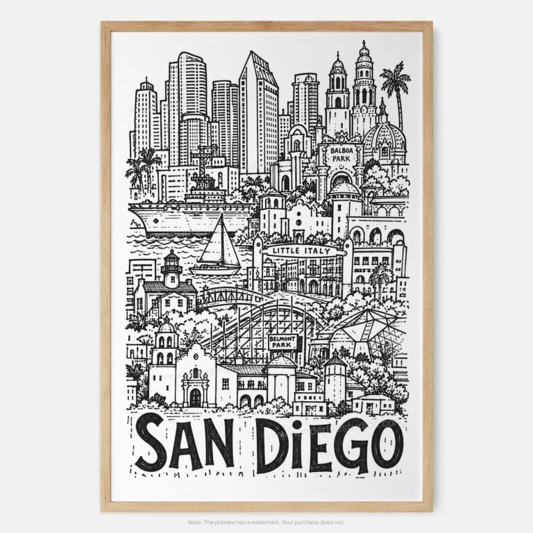 01 - San Diego City Art - Pencil Style Art Print - Main - Vertical.jpg