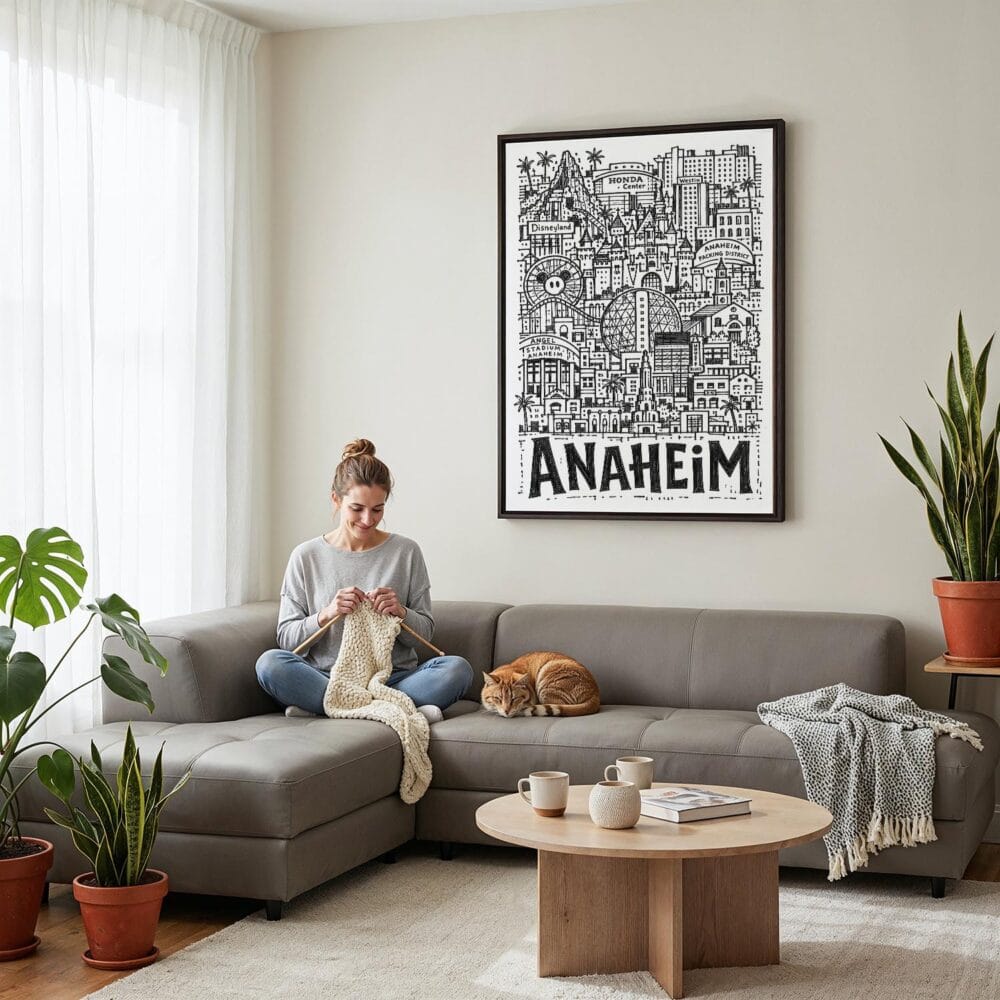 02 - Framed Anaheim City Art - Pencil Style Canvas Print - Woman Knitting on grey couch - Vertical.jpg 02 - Framed Anaheim City Art - Pencil Style Canvas Print - Woman Knitting on grey couch - Vertical.jpg