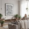 02 - Framed Bakersfield City Art - Pencil Style Canvas Print - Woman reading in modern Living Room - Vertical.jpg