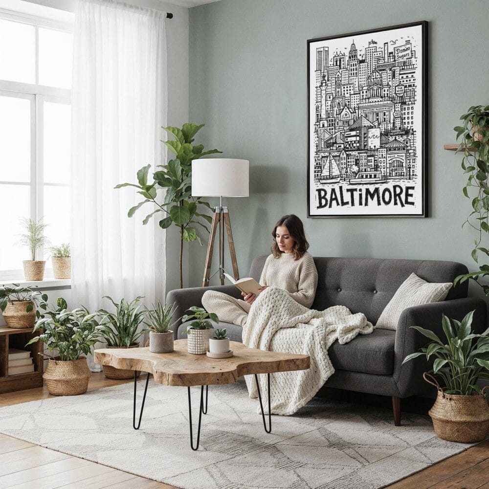 02 - Framed Baltimore City Art - Pencil Style Canvas Print - Woman reading in Boho Living Room - Vertical.jpg 02 - Framed Baltimore City Art - Pencil Style Canvas Print - Woman reading in Boho Living Room - Vertical.jpg