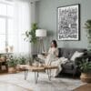 02 - Framed Baltimore City Art - Pencil Style Canvas Print - Woman reading in Boho Living Room - Vertical.jpg