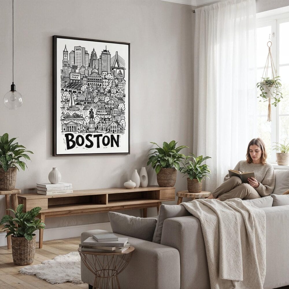 02 - Framed Boston City Art - Pencil Style Canvas Print - Woman reading in modern Living Room - Vertical.jpg 02 - Framed Boston City Art - Pencil Style Canvas Print - Woman reading in modern Living Room - Vertical.jpg