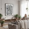02 - Framed Boston City Art - Pencil Style Canvas Print - Woman reading in modern Living Room - Vertical.jpg