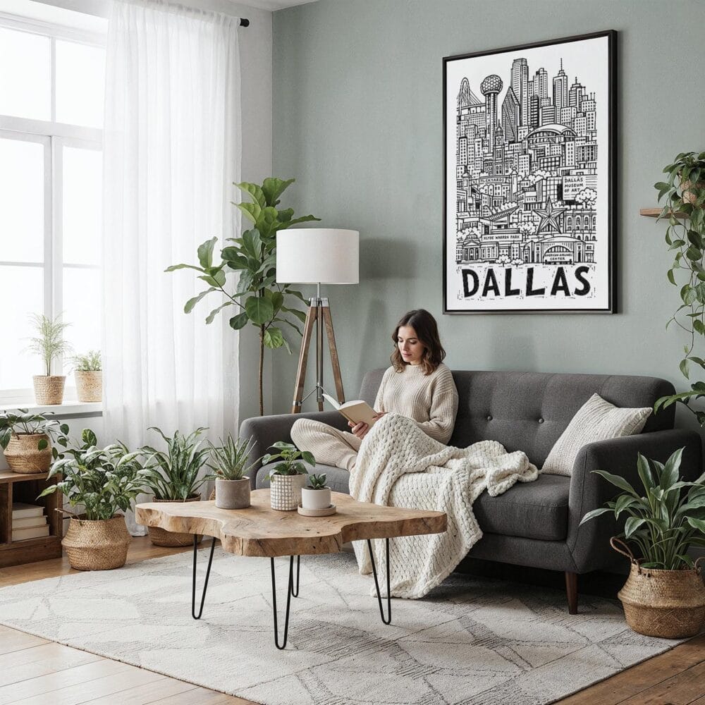 02 - Framed Dallas City Art - Pencil Style Canvas Print - Woman reading in Boho Living Room - Vertical.jpg 02 - Framed Dallas City Art - Pencil Style Canvas Print - Woman reading in Boho Living Room - Vertical.jpg