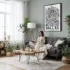 02 - Framed Dallas City Art - Pencil Style Canvas Print - Woman reading in Boho Living Room - Vertical.jpg