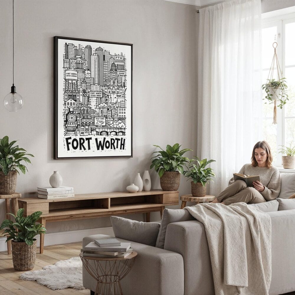 02 - Framed Fort Worth City Art - Pencil Style Canvas Print - Woman reading in modern Living Room - Vertical.jpg 02 - Framed Fort Worth City Art - Pencil Style Canvas Print - Woman reading in modern Living Room - Vertical.jpg