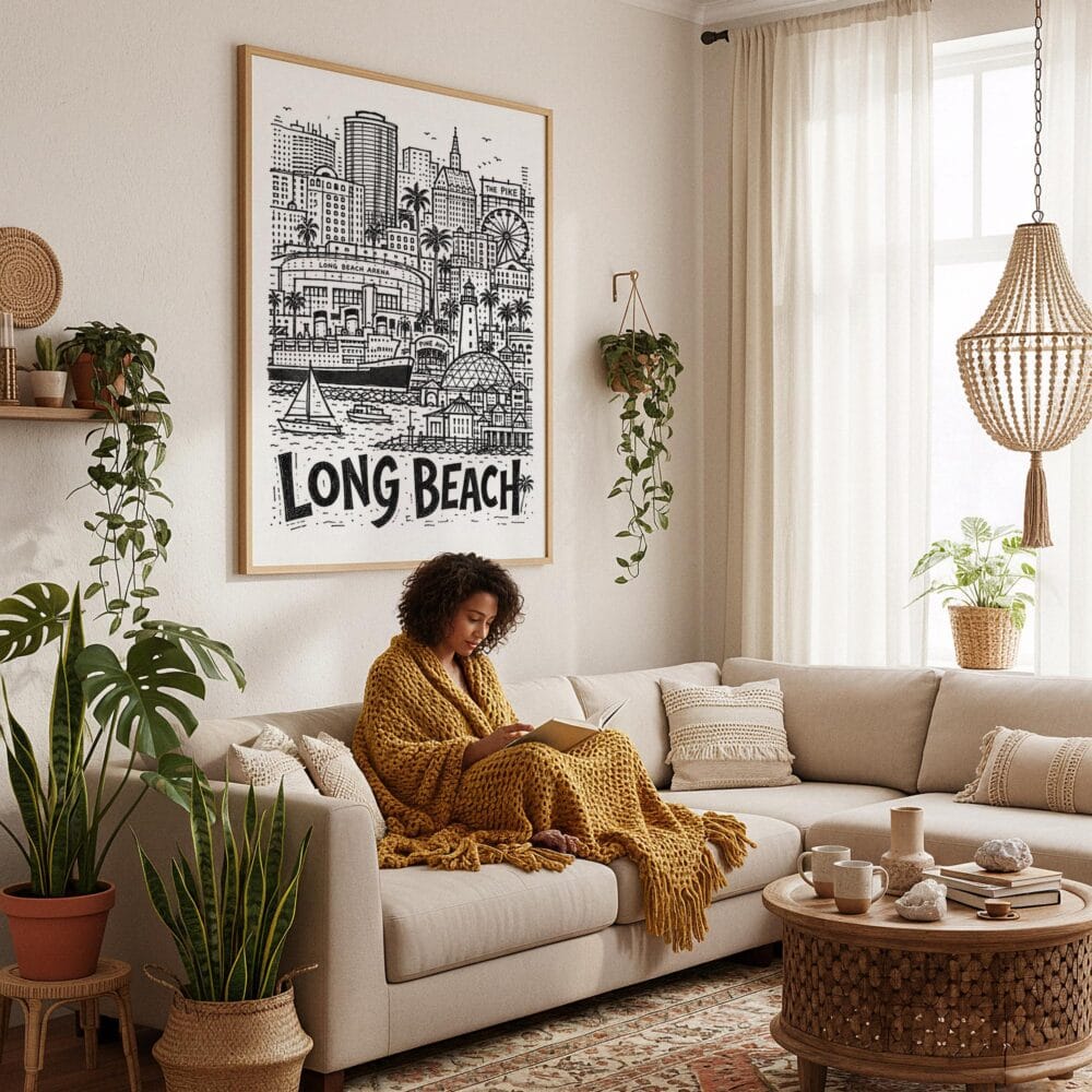 02 - Framed Long Beach City Art - Pencil Style Art Print - In Bohi Living Room with Woman reading - Vertical.jpg 02 - Framed Long Beach City Art - Pencil Style Art Print - In Bohi Living Room with Woman reading - Vertical.jpg