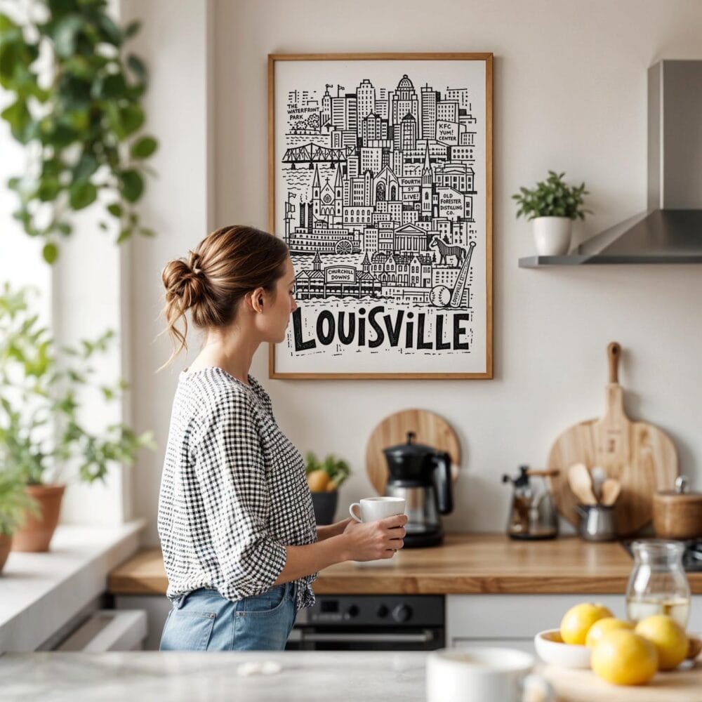 02 - Framed Louisville City Art - Pencil Style Art Print hanging in Kitchen with woman making coffee - Vertical.jpg 02 - Framed Louisville City Art - Pencil Style Art Print hanging in Kitchen with woman making coffee - Vertical.jpg