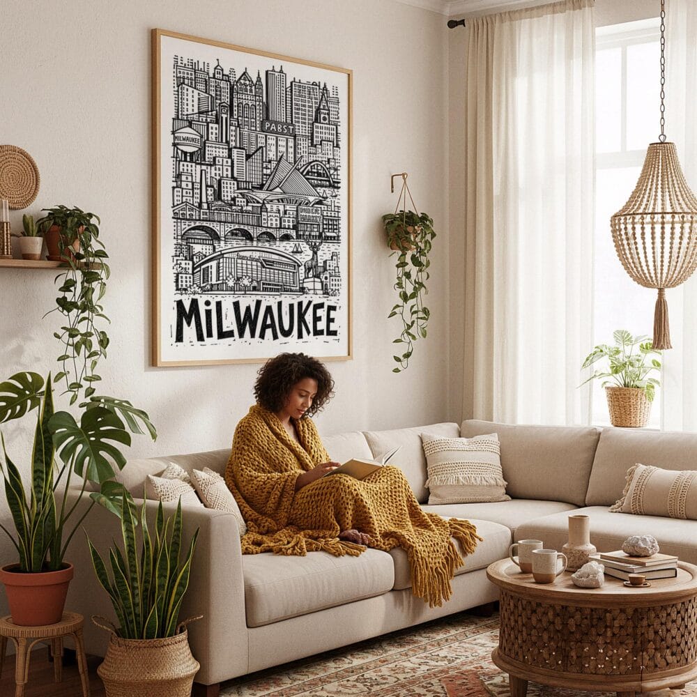 02 - Framed Milwaukee City Art - Pencil Style Art Print - In Bohi Living Room with Woman reading - Vertical.jpg 02 - Framed Milwaukee City Art - Pencil Style Art Print - In Bohi Living Room with Woman reading - Vertical.jpg