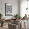 02 - Framed Minneapolis City Art - Pencil Style Canvas Print - Woman reading in modern Living Room - Vertical.jpg