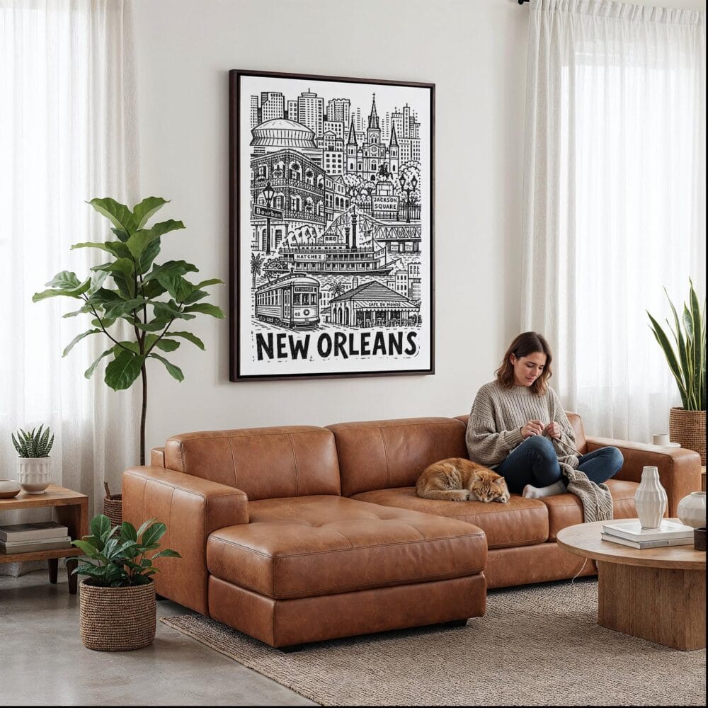 02 - Framed New Orleans City Art - Pencil Style Canvas Print - Woman Knitting on leather couch - Vertical.jpg 02 - Framed New Orleans City Art - Pencil Style Canvas Print - Woman Knitting on leather couch - Vertical.jpg