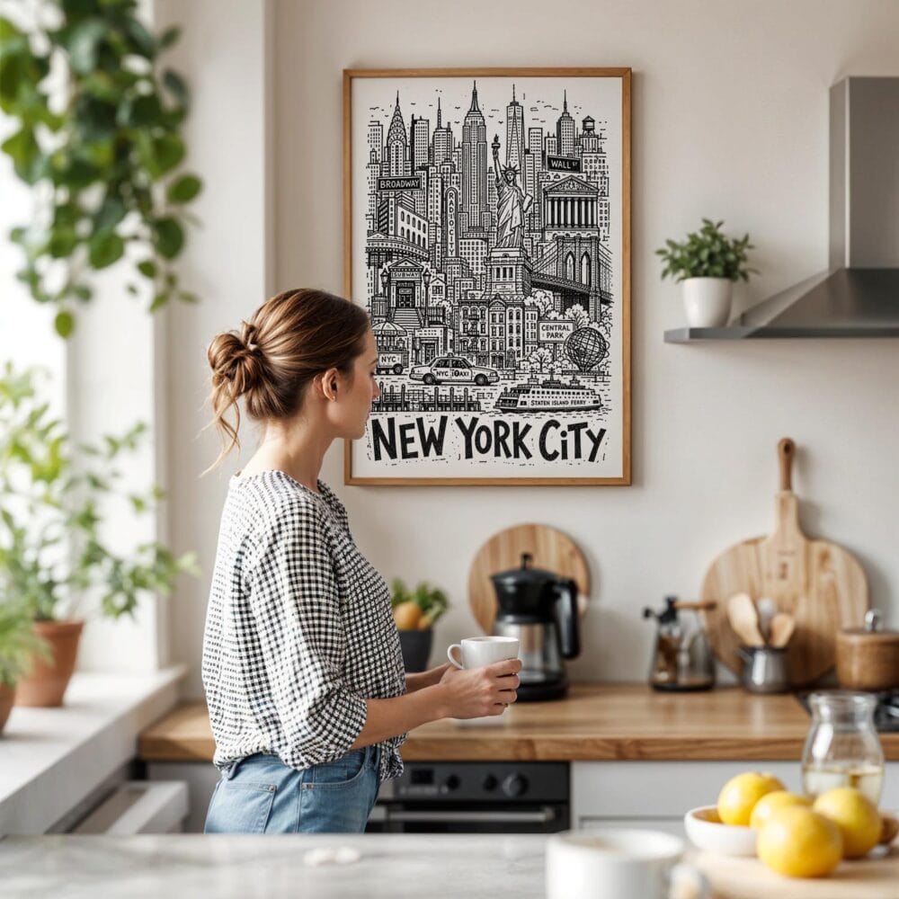 02 - Framed New York City Art - Pencil Style Art Print hanging in Kitchen with woman making coffee - Vertical.jpg 02 - Framed New York City Art - Pencil Style Art Print hanging in Kitchen with woman making coffee - Vertical.jpg