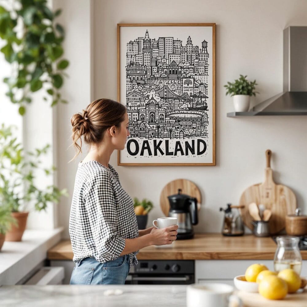 02 - Framed Oakland City Art - Pencil Style Art Print hanging in Kitchen with woman making coffee - Vertical.jpg 02 - Framed Oakland City Art - Pencil Style Art Print hanging in Kitchen with woman making coffee - Vertical.jpg