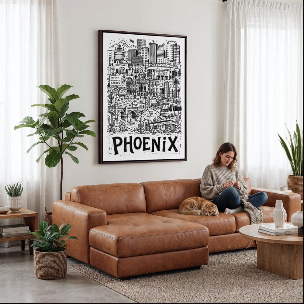 02 - Framed Phoenix City Art - Pencil Style Canvas Print - Woman Knitting on leather couch - Vertical.jpg 02 - Framed Phoenix City Art - Pencil Style Canvas Print - Woman Knitting on leather couch - Vertical.jpg