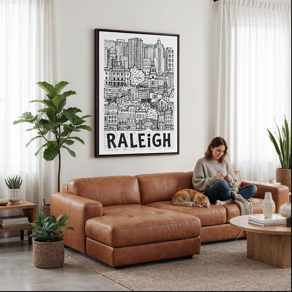 02 - Framed Raleigh City Art - Pencil Style Canvas Print - Woman Knitting on leather couch - Vertical.jpg 02 - Framed Raleigh City Art - Pencil Style Canvas Print - Woman Knitting on leather couch - Vertical.jpg