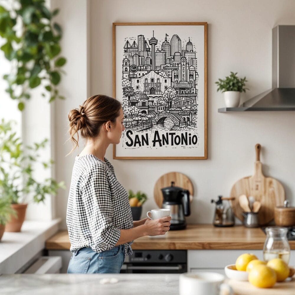 02 - Framed San Antonio City Art - Pencil Style Art Print hanging in Kitchen with woman making coffee - Vertical.jpg 02 - Framed San Antonio City Art - Pencil Style Art Print hanging in Kitchen with woman making coffee - Vertical.jpg