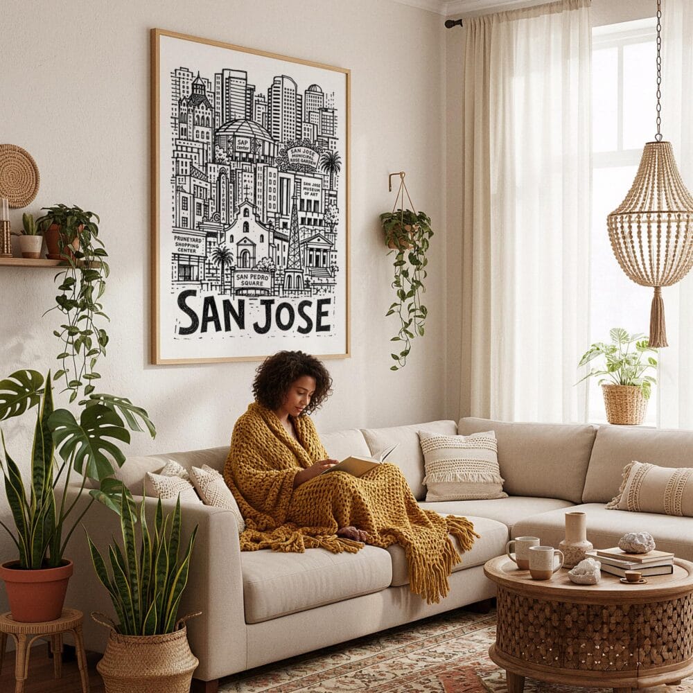 02 - Framed San Jose City Art - Pencil Style Art Print - In Bohi Living Room with Woman reading - Vertical.jpg 02 - Framed San Jose City Art - Pencil Style Art Print - In Bohi Living Room with Woman reading - Vertical.jpg