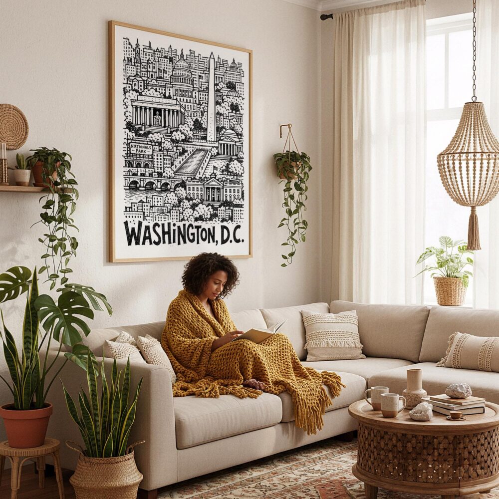 02 - Framed Washington DC City Art - Pencil Style Art Print - In Bohi Living Room with Woman reading - Vertical.jpg 02 - Framed Washington DC City Art - Pencil Style Art Print - In Bohi Living Room with Woman reading - Vertical.jpg