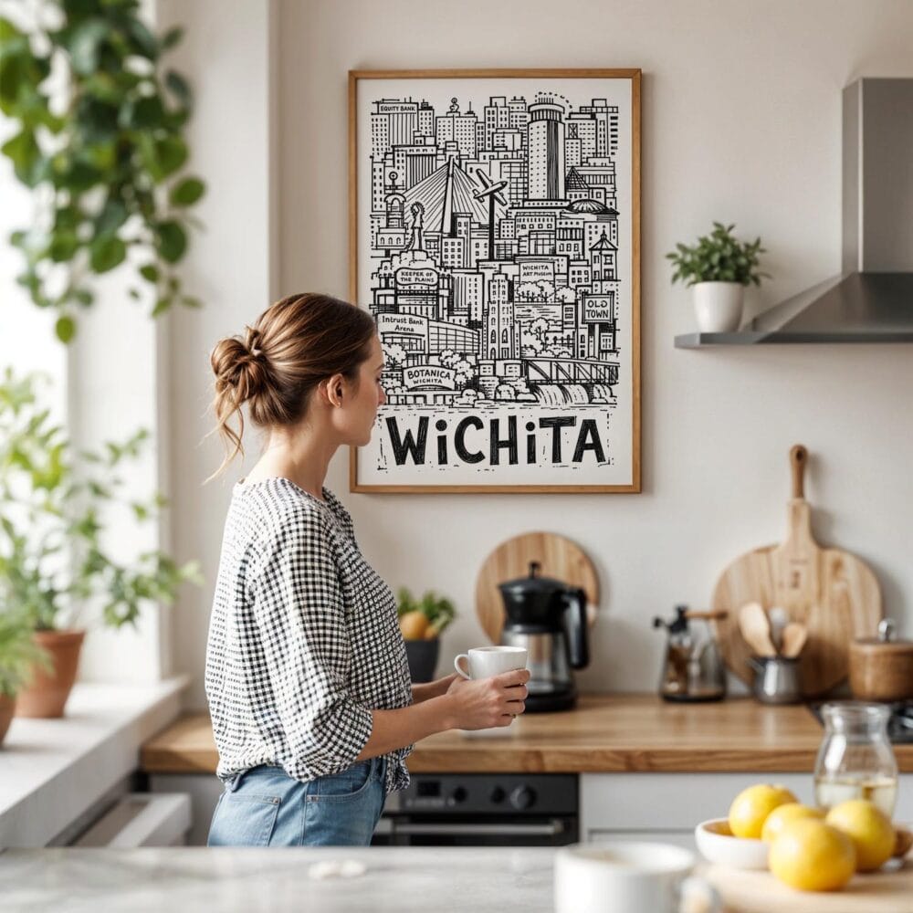 02 - Framed Wichita City Art - Pencil Style Art Print hanging in Kitchen with woman making coffee - Vertical.jpg 02 - Framed Wichita City Art - Pencil Style Art Print hanging in Kitchen with woman making coffee - Vertical.jpg