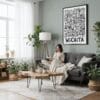 02 - Framed Wichita City Art - Pencil Style Canvas Print - Woman reading in Boho Living Room - Vertical.jpg