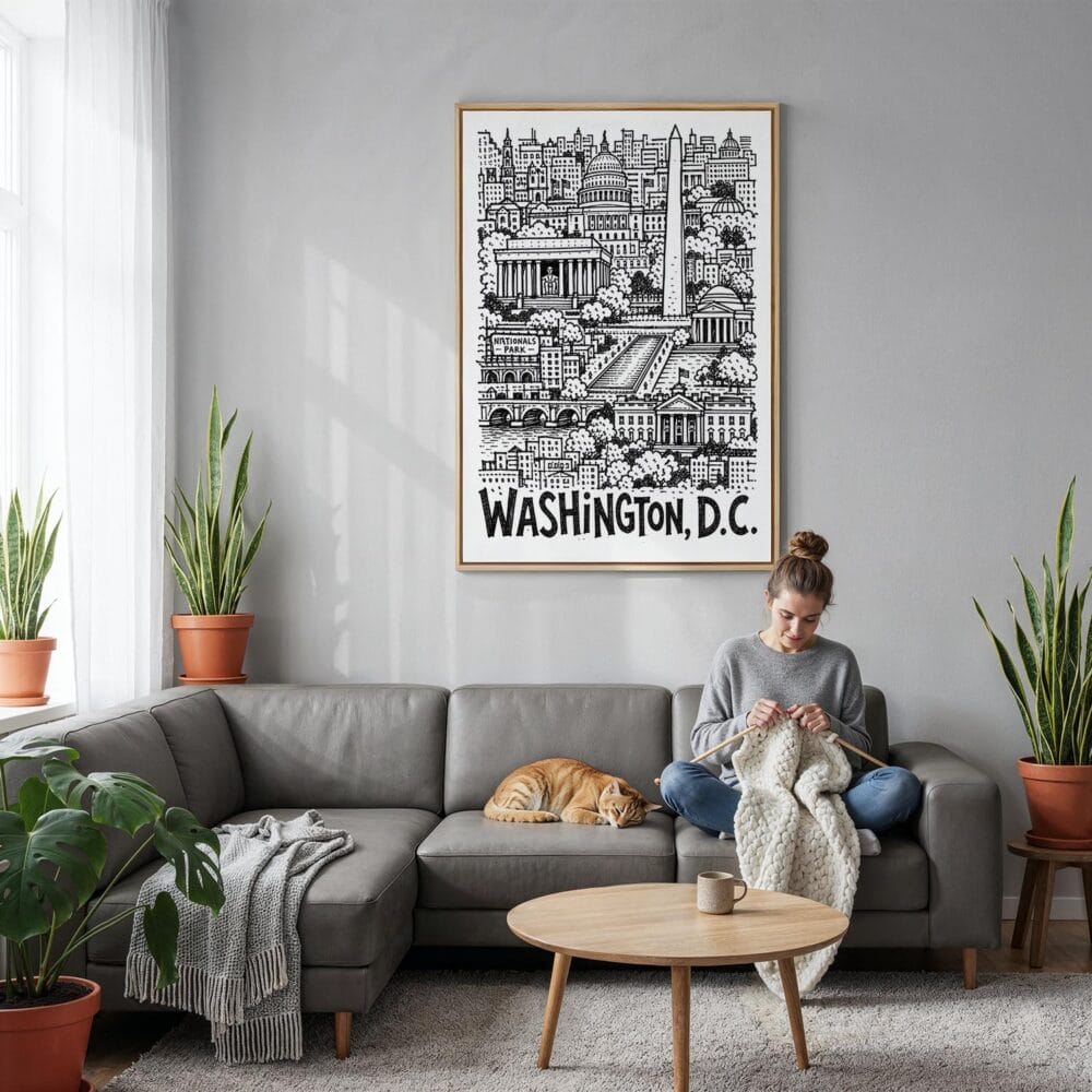 02 - Washington DC City Art - Pencil Style Canvas Print with Natural Floater Frame - Woman Knitting on grey couch - Vertical.jpg 02 - Washington DC City Art - Pencil Style Canvas Print with Natural Floater Frame - Woman Knitting on grey couch - Vertical.jpg