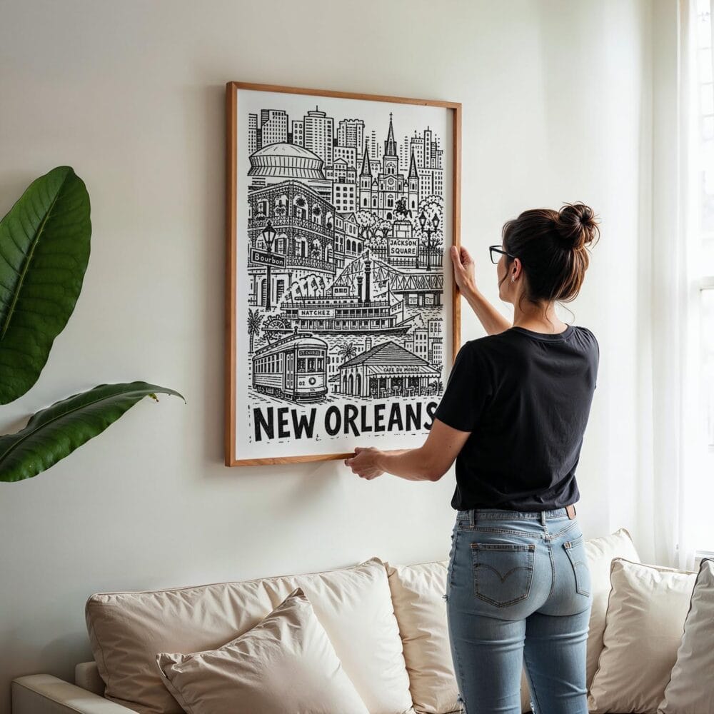 02 - Woman Hanging Framed New Orleans City Art - Pencil Style Art Print - Vertical.jpg 02 - Woman Hanging Framed New Orleans City Art - Pencil Style Art Print - Vertical.jpg