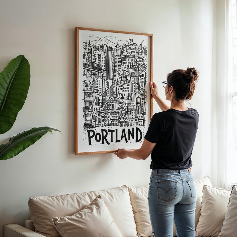 02 - Woman Hanging Framed Portland City Art - Pencil Style Art Print - Vertical.jpg 02 - Woman Hanging Framed Portland City Art - Pencil Style Art Print - Vertical.jpg