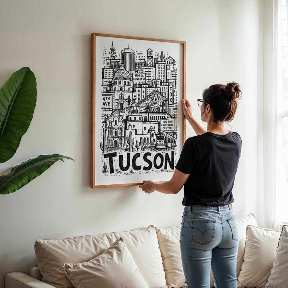 02 - Woman Hanging Framed Tucson City Art - Pencil Style Art Print - Vertical.jpg 02 - Woman Hanging Framed Tucson City Art - Pencil Style Art Print - Vertical.jpg
