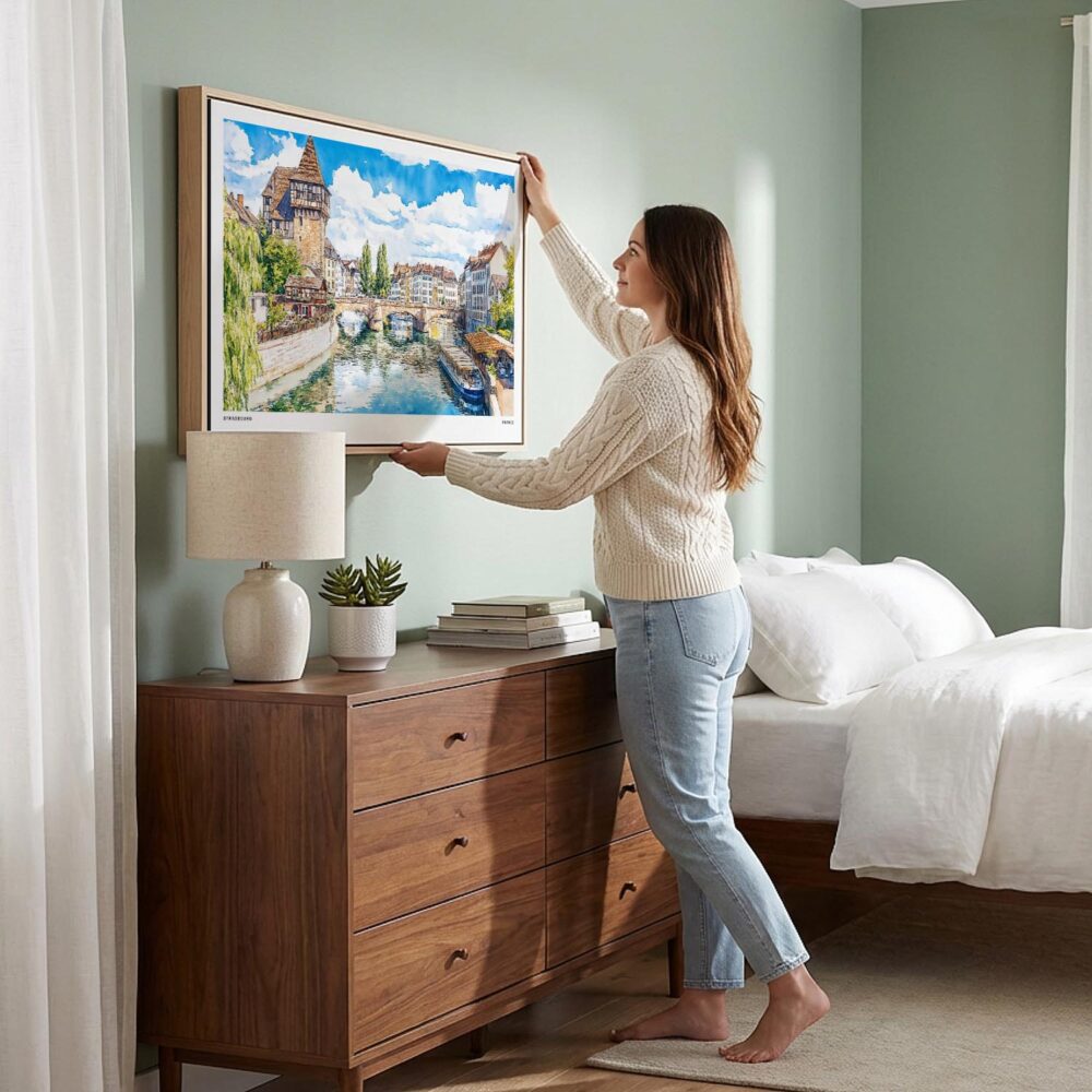 02 - Woman Hanging Strasbourg Watercolor - Horizontal Canvas Wall art with Natural Floater Frame in Bed Room.jpg 02 - Woman Hanging Strasbourg Watercolor - Horizontal Canvas Wall art with Natural Floater Frame in Bed Room.jpg