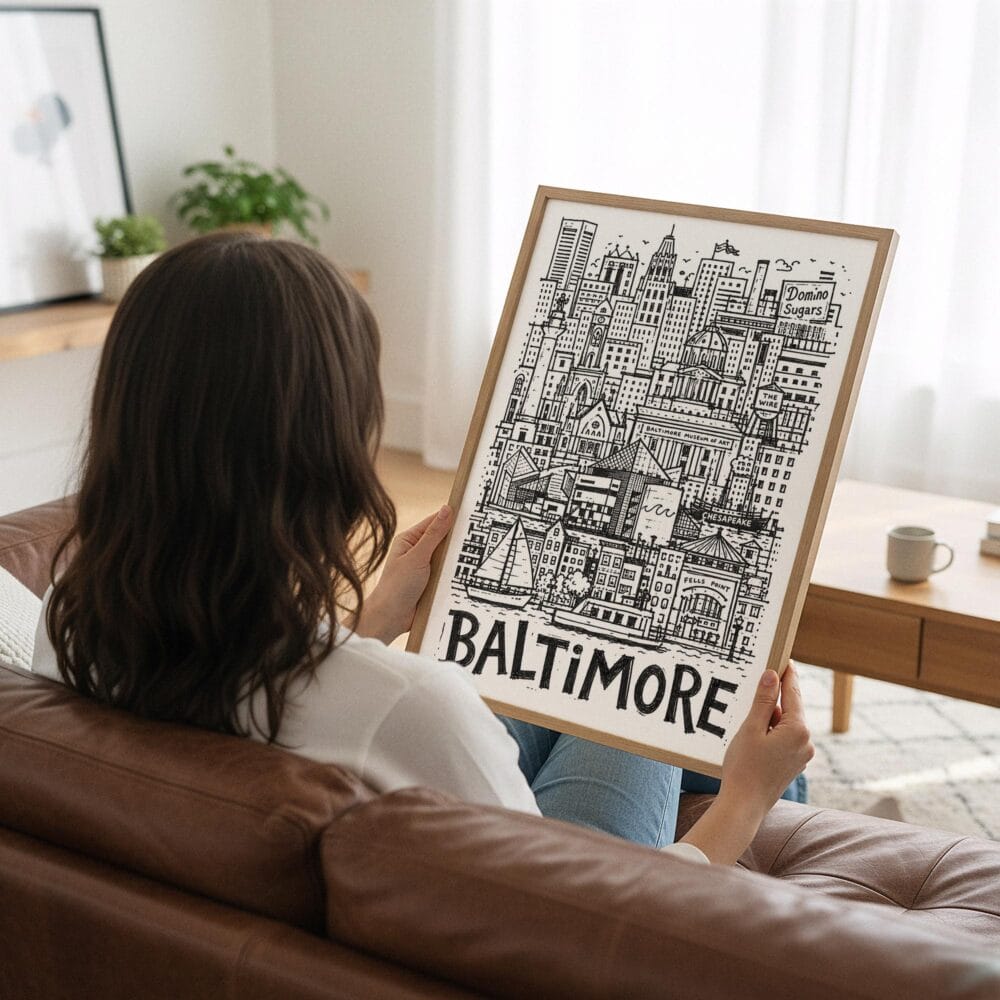 02 - Woman Holding Framed Baltimore City Art - Pencil Style Art Print - Vertical.jpg 02 - Woman Holding Framed Baltimore City Art - Pencil Style Art Print - Vertical.jpg