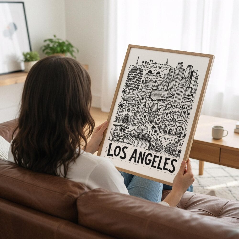02 - Woman Holding Framed Los Angeles City Art - Pencil Style Art Print - Vertical.jpg 02 - Woman Holding Framed Los Angeles City Art - Pencil Style Art Print - Vertical.jpg