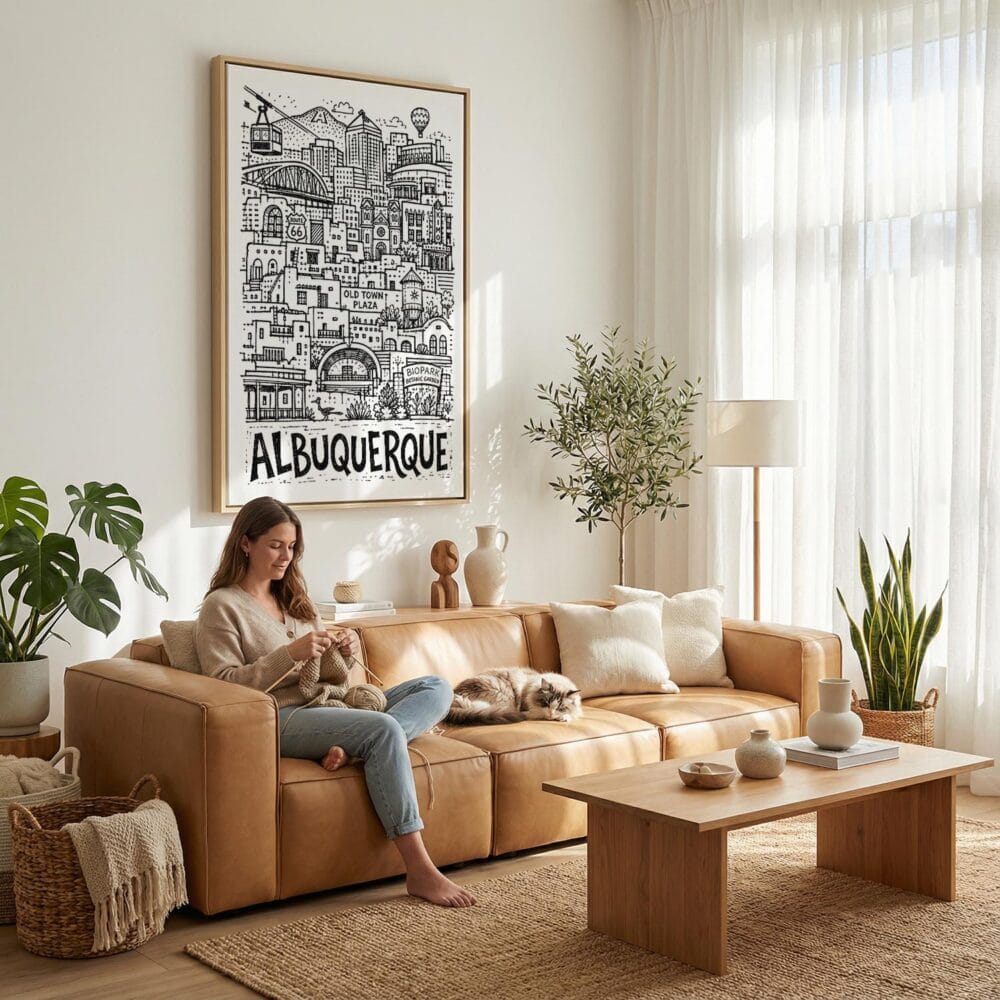 03 - Albuquerque City Art - Pencil Style Canvas Art Print with natural Floater Frame - Women knitting on couch with cat - Vertical .jpg 03 - Albuquerque City Art - Pencil Style Canvas Art Print with natural Floater Frame - Women knitting on couch with cat - Vertical .jpg