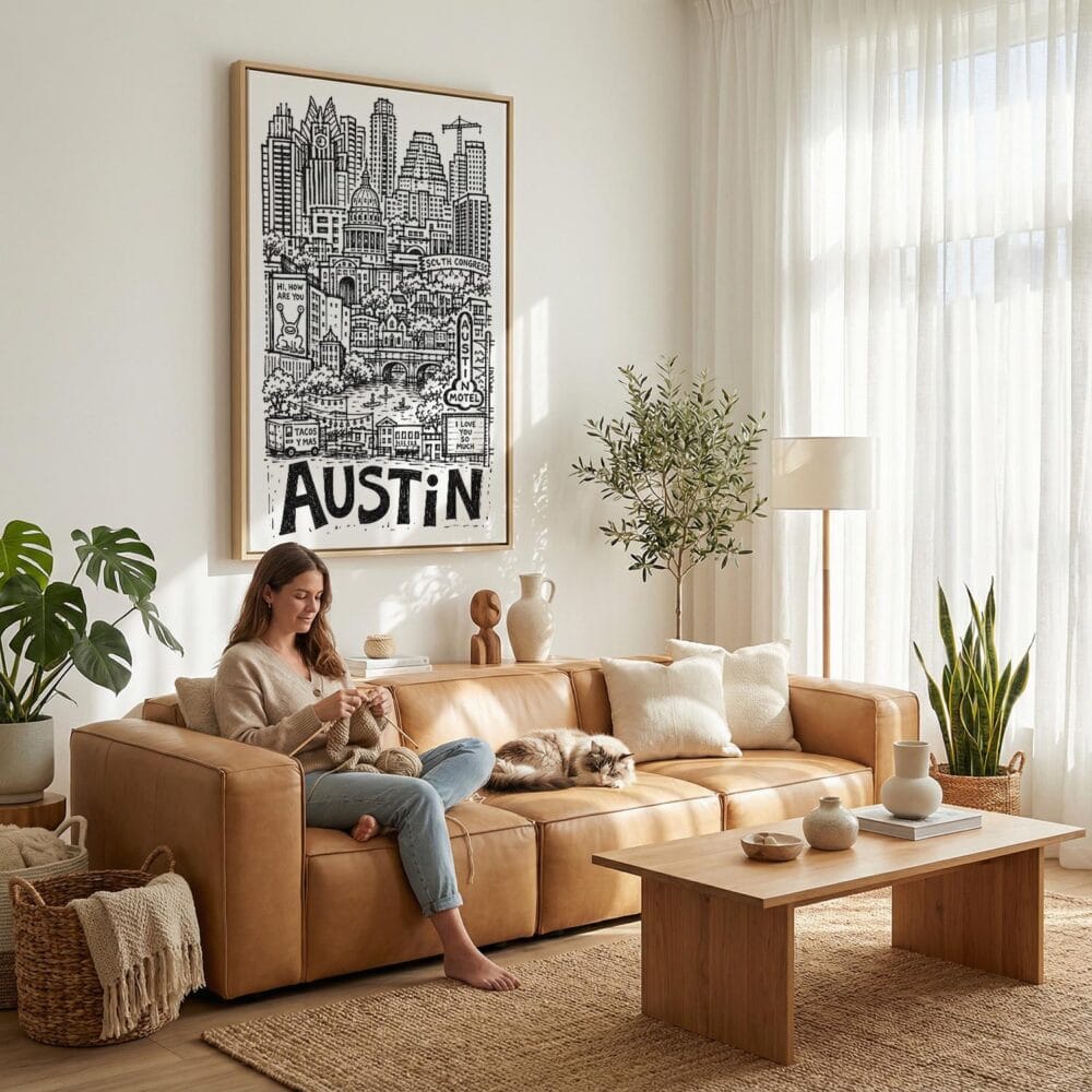 03 - Austin City Art - Pencil Style Canvas Art Print with natural Floater Frame - Women knitting on couch with cat - Vertical .jpg 03 - Austin City Art - Pencil Style Canvas Art Print with natural Floater Frame - Women knitting on couch with cat - Vertical .jpg