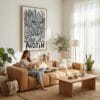 03 - Austin City Art - Pencil Style Canvas Art Print with natural Floater Frame - Women knitting on couch with cat - Vertical .jpg