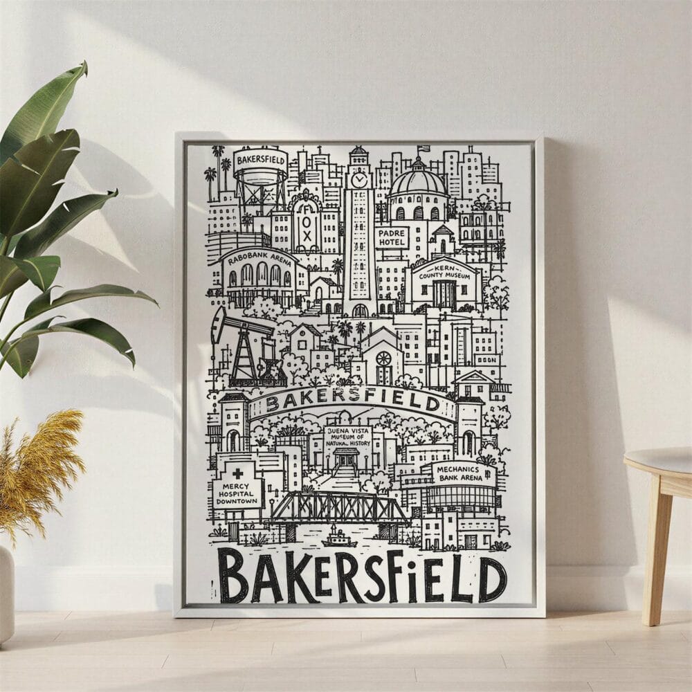 03 - Bakersfield City Art - Pencil Style Canvas Print with White Floater Frame - Standing on Floor - Vertical.jpg 03 - Bakersfield City Art - Pencil Style Canvas Print with White Floater Frame - Standing on Floor - Vertical.jpg