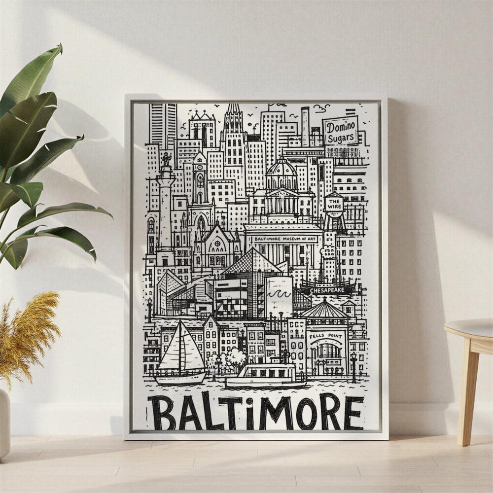 03 - Baltimore City Art - Pencil Style Canvas Print with White Floater Frame - Standing on Floor - Vertical.jpg 03 - Baltimore City Art - Pencil Style Canvas Print with White Floater Frame - Standing on Floor - Vertical.jpg