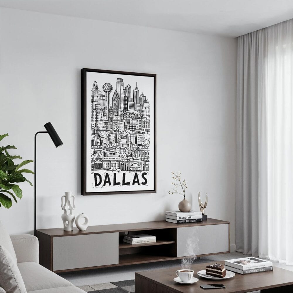 03 - Black Framed Dallas City Art - Pencil Style Canvas Print - Contemporary Living Room - Vertical.jpg 03 - Black Framed Dallas City Art - Pencil Style Canvas Print - Contemporary Living Room - Vertical.jpg