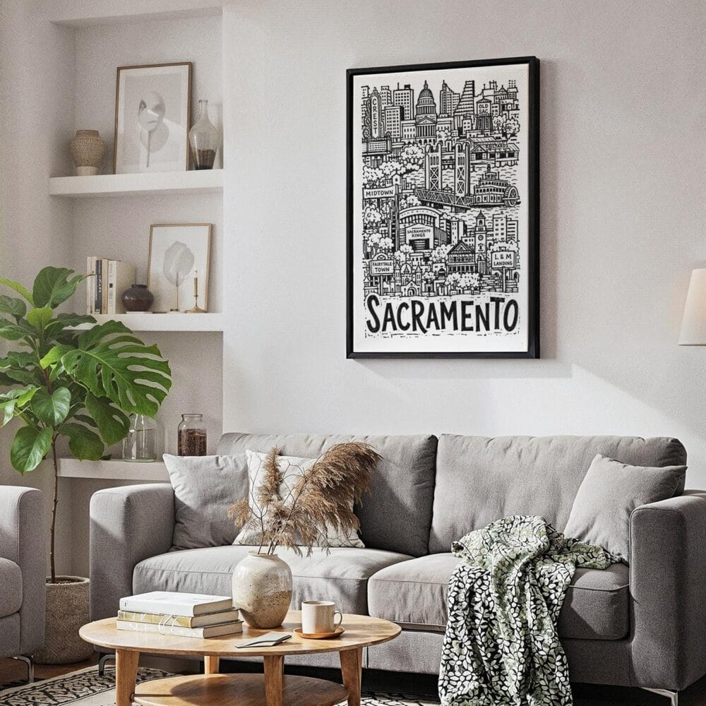 03 - Black Framed Sacramento City Art - Pencil Style Canvas Print - Skandinavian Living Room - Vertical.jpg 03 - Black Framed Sacramento City Art - Pencil Style Canvas Print - Skandinavian Living Room - Vertical.jpg