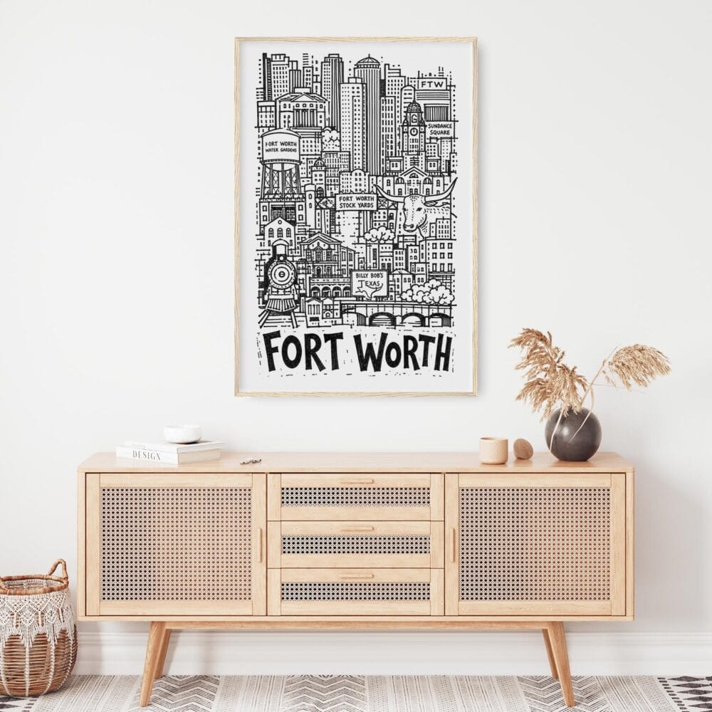 03 - Fort Worth City Art - Pencil Style Art Print Hanging above Shelf - Vertical.jpg 03 - Fort Worth City Art - Pencil Style Art Print Hanging above Shelf - Vertical.jpg