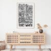 03 - Fort Worth City Art - Pencil Style Art Print Hanging above Shelf - Vertical.jpg