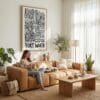03 - Fort Worth City Art - Pencil Style Canvas Art Print with natural Floater Frame - Women knitting on couch with cat - Vertical .jpg