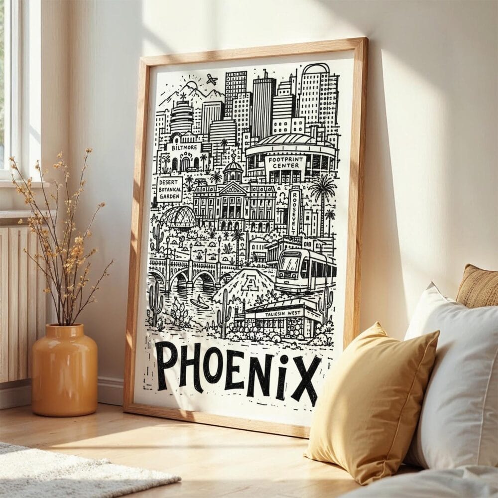 03 - Frame Phoenix City Art - Pencil Style art print leaning against wall on floor - Vertical.jpg 03 - Frame Phoenix City Art - Pencil Style art print leaning against wall on floor - Vertical.jpg