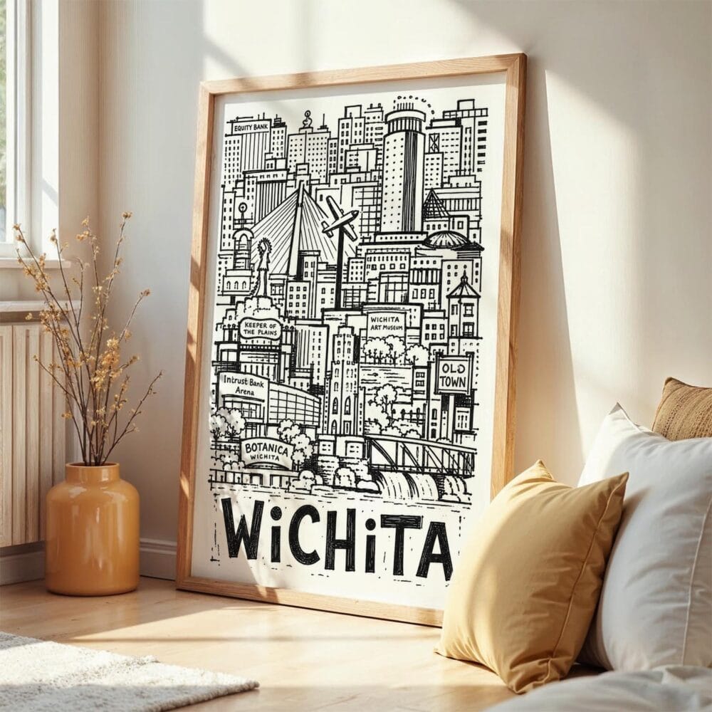 03 - Frame Wichita City Art - Pencil Style art print leaning against wall on floor - Vertical.jpg 03 - Frame Wichita City Art - Pencil Style art print leaning against wall on floor - Vertical.jpg