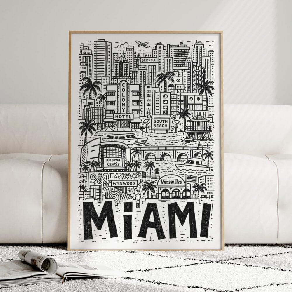 03 - Framed Miami City Art - Pencil Style Art Print leaning against couch - Vertical.jpg 03 - Framed Miami City Art - Pencil Style Art Print leaning against couch - Vertical.jpg